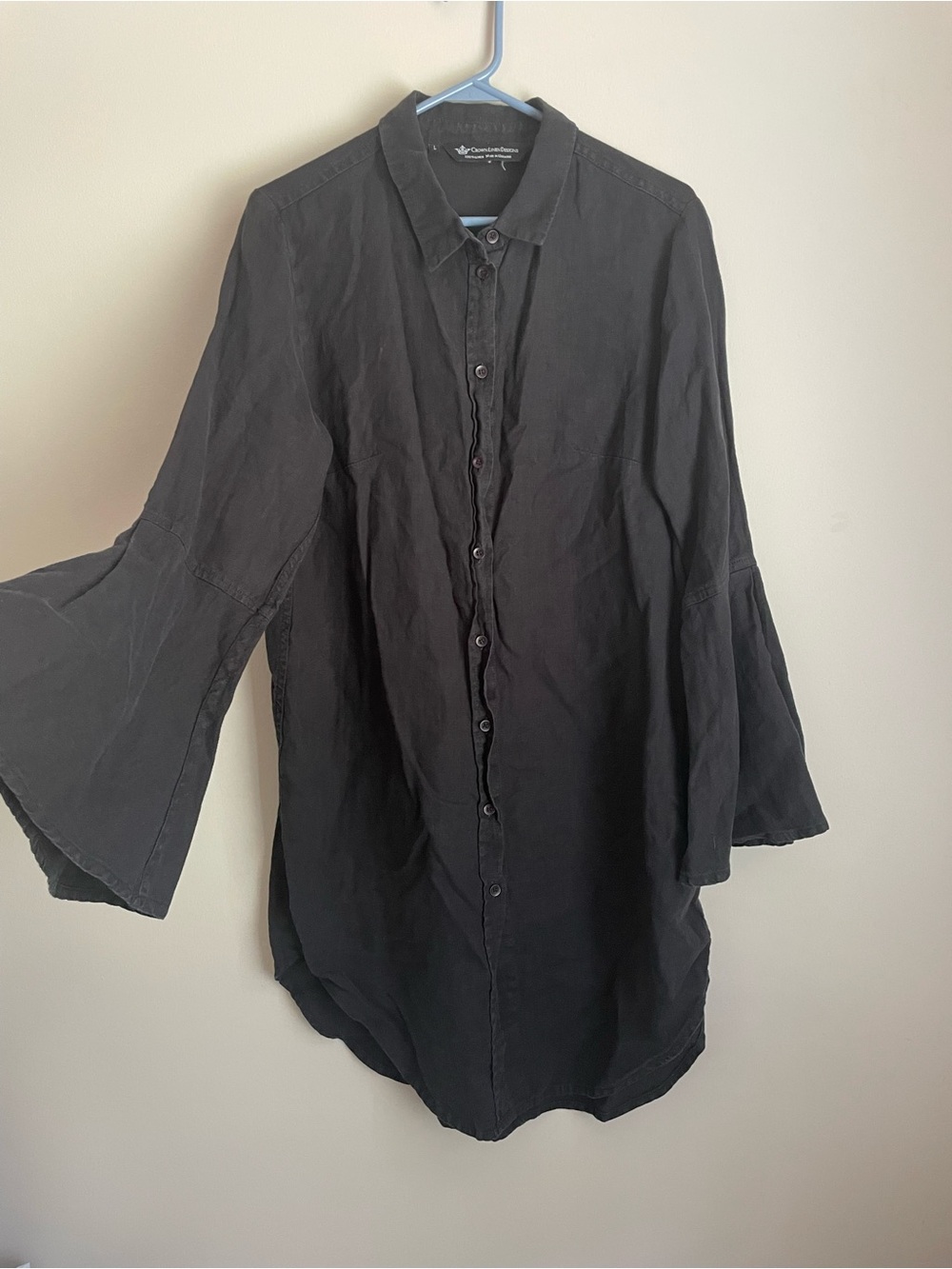 Crown Linen Designs 100% Euro Linen Black Bell Sleeve Tunic Top Button Front LG